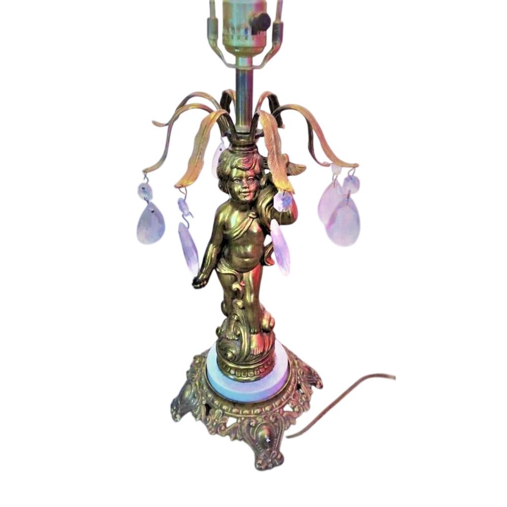 Table Cherub Lamp, Brass Foot, Marble, Crystal Tears.